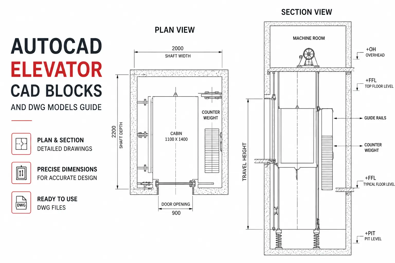 Plan And Section Of Elevator 2d View Layout Cad Structure Autocad File